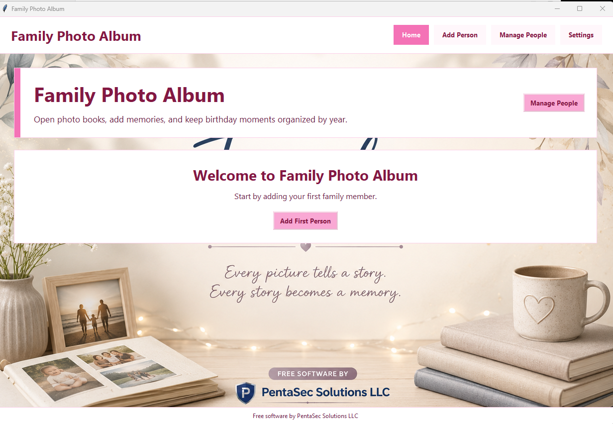Family Photo Album desktop app main screen for organizing a family memory book.