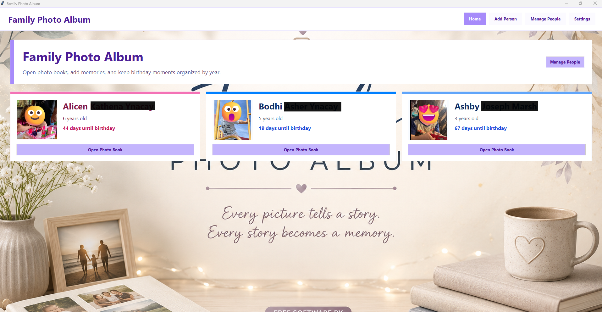 Family Photo Album app showing a larger photo album preview with family memories.