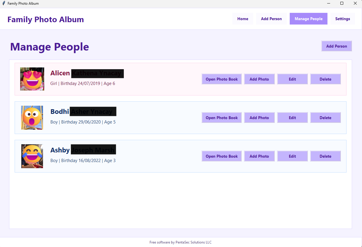 Family Photo Album app showing notes or final album output options.