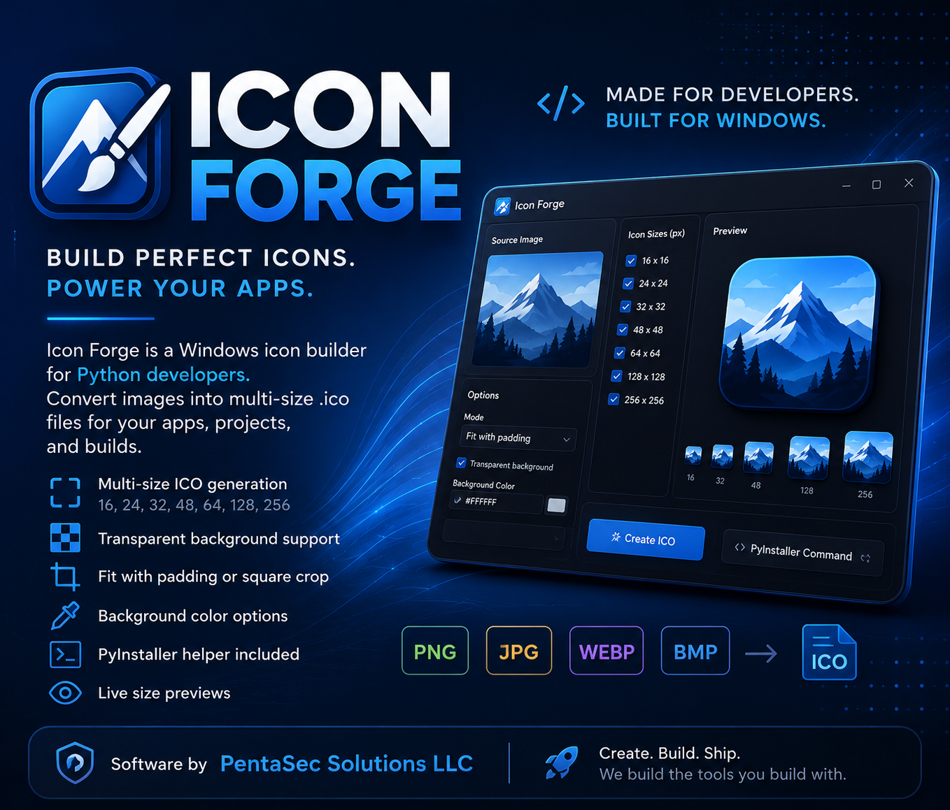 Icon Forge promotional banner showing a Windows ICO builder for Python developers.