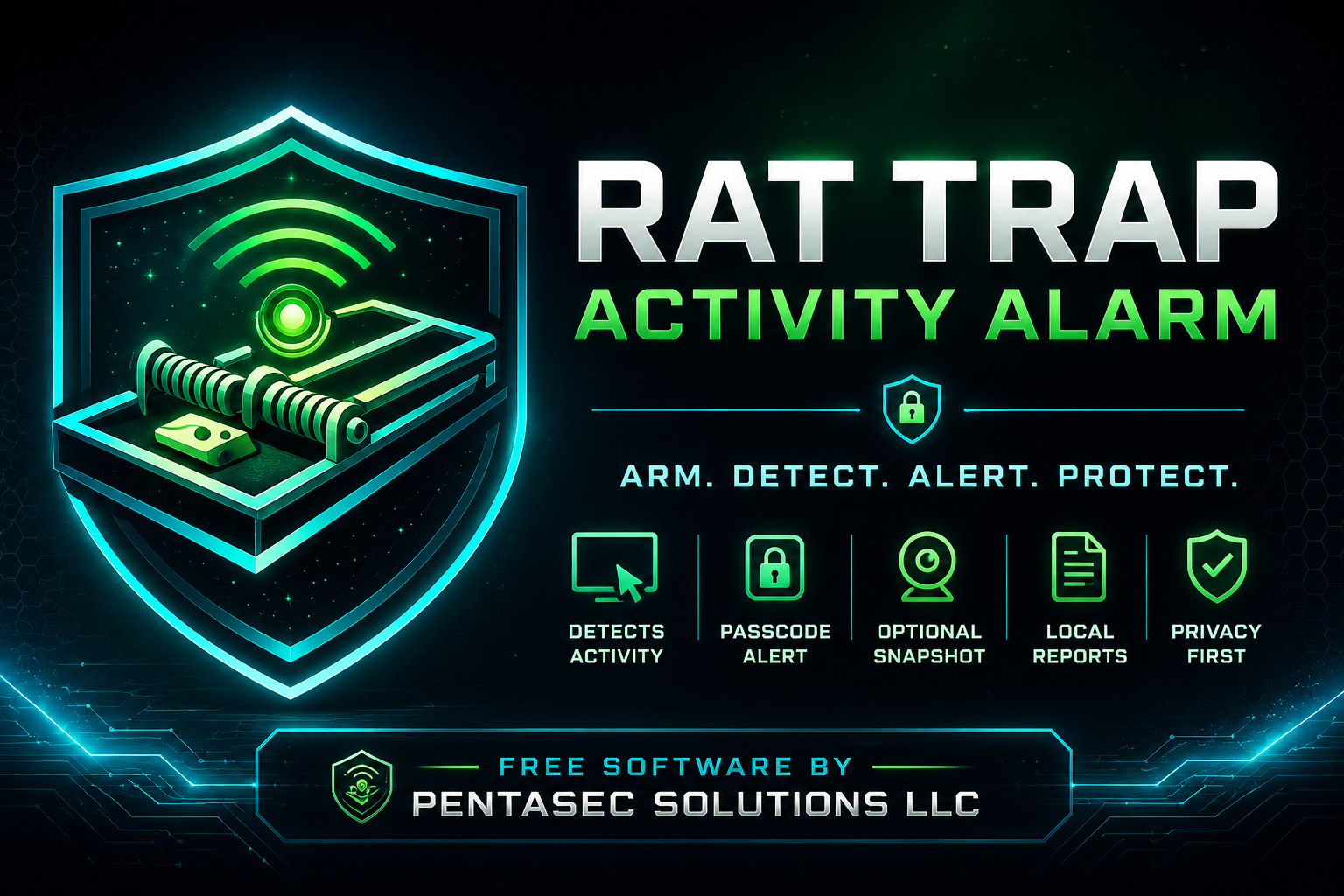 Rat Trap Activity Alarm promotional banner for a local Windows tamper monitor.
